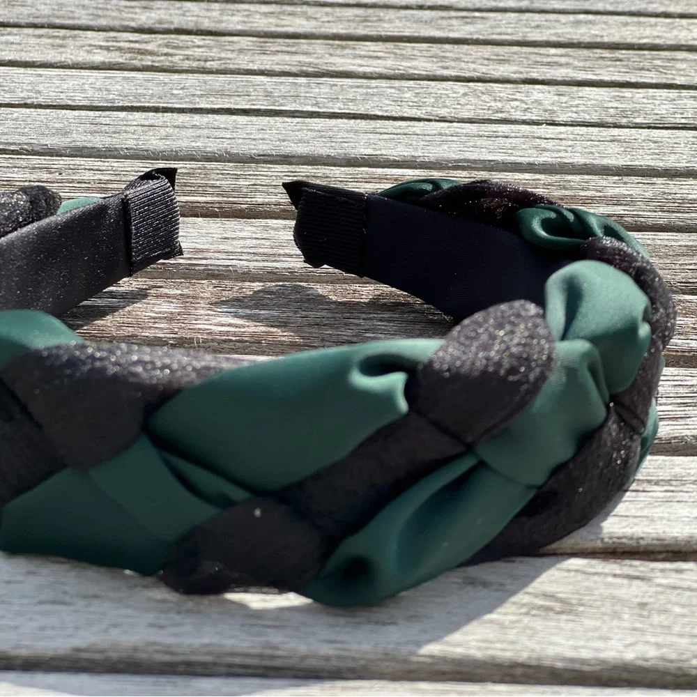 Green Satin Bow Hair Scarf with Green Scrunchie and Black-Green Braided Headband